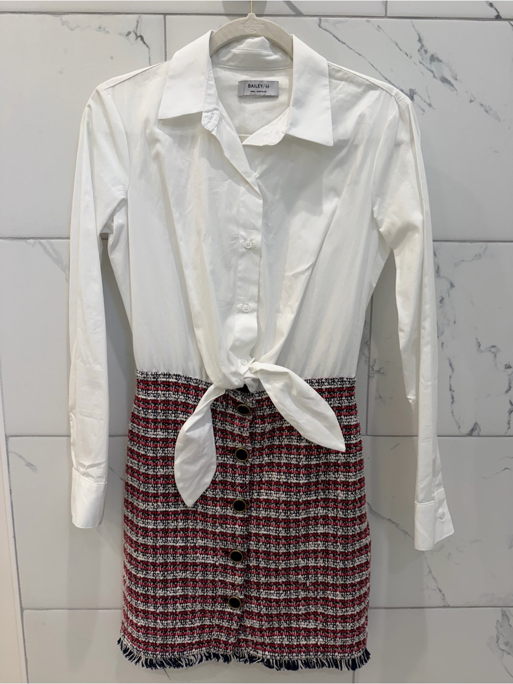 Bailey 44 White Tie-Front Shirt with Red Tweed Button Dress